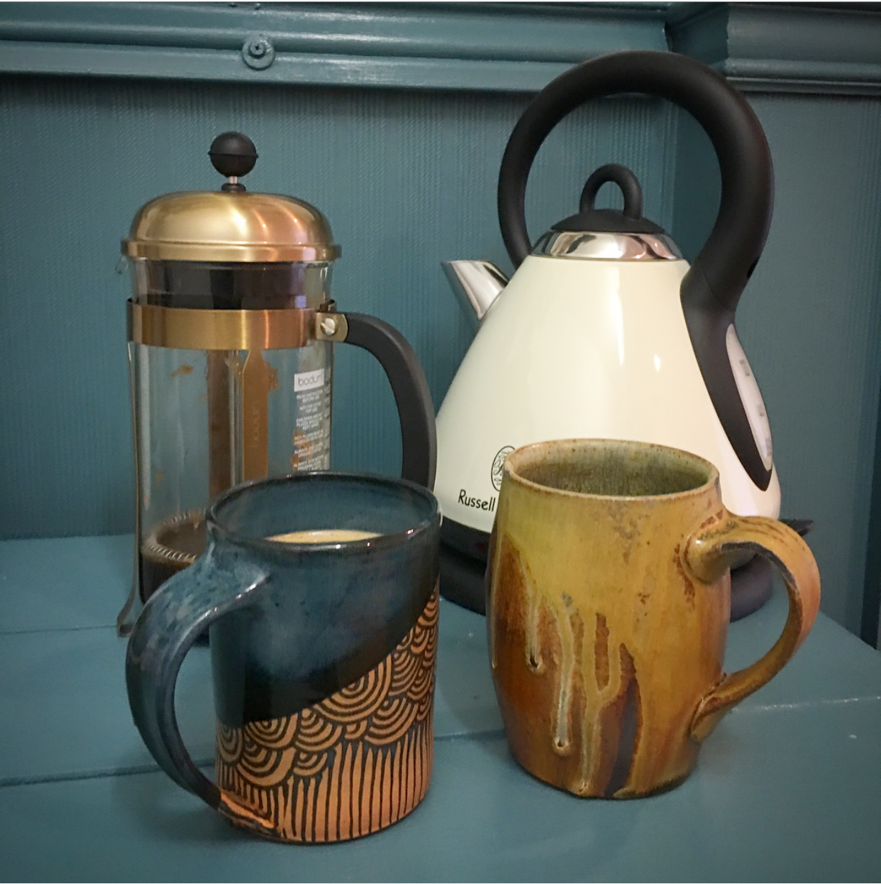 Coffee station with mugs from Julie and Hannah